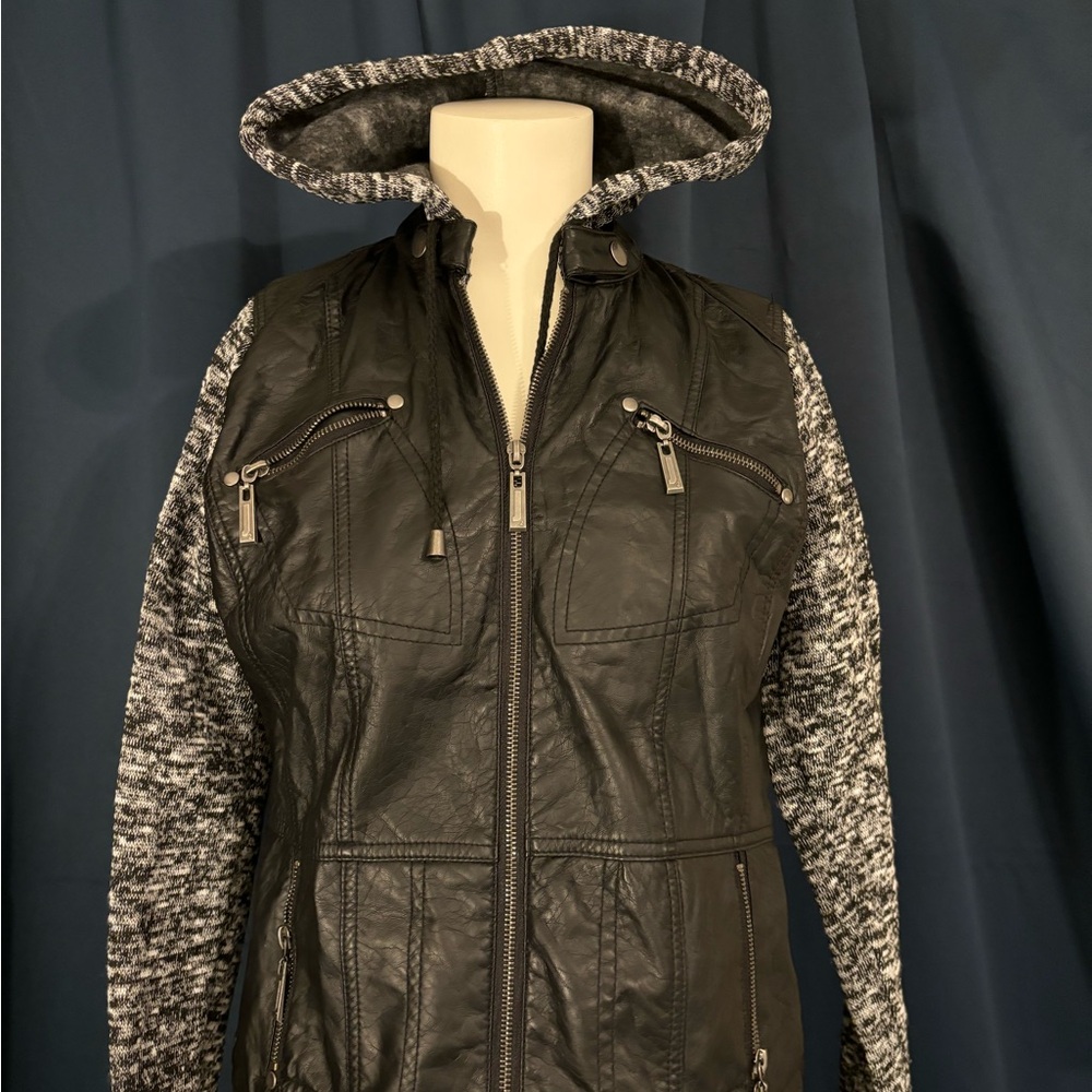 Black and Gray Quilted Leather like Jacket with Knit Sleeves